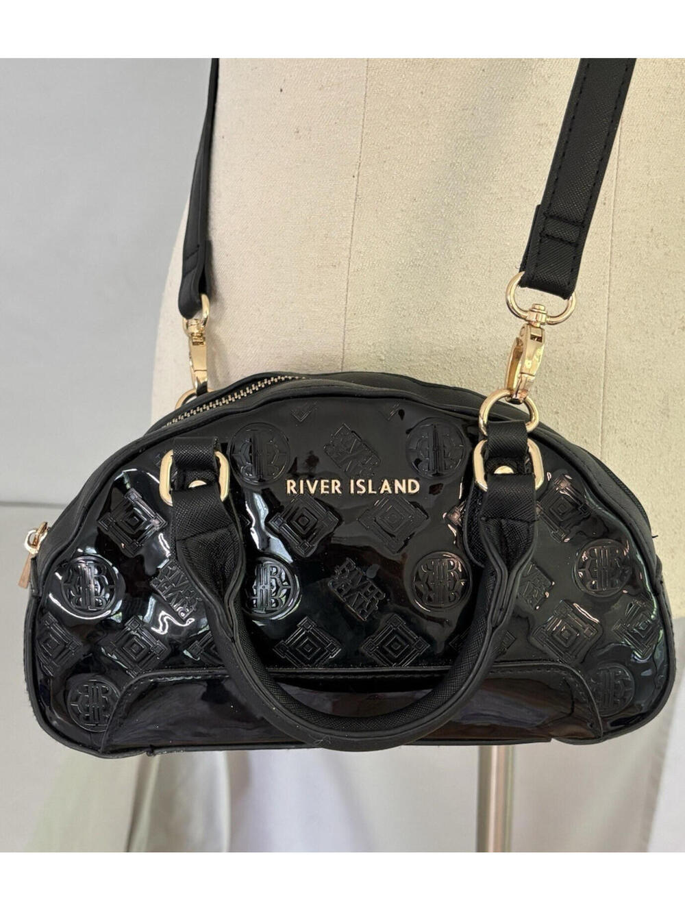 River Island Small Bowler Bag Purse Black Patent Leather Embossed Cross Body EUC